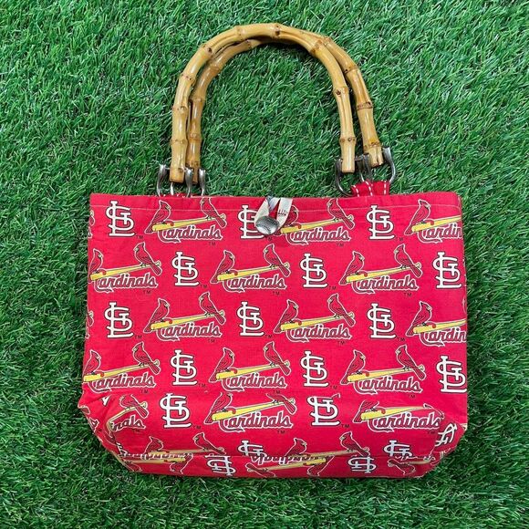 VTG St. Louis Cardinals red and white bag bamboo handle baseball medallion - Picture 1 of 6